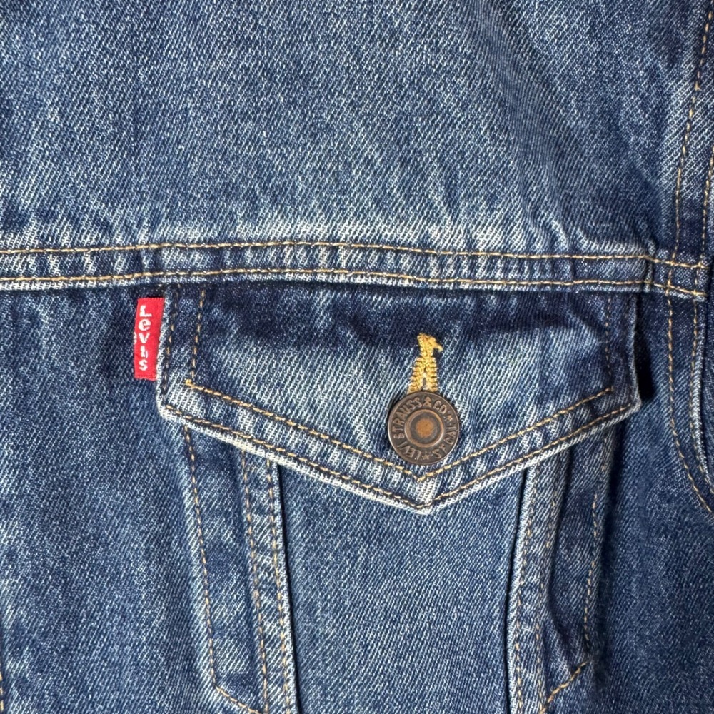 Levis Mens XL Denim Trucker Jacket Sherpa Collar Blue Full Zip Cotton Coat - Picture 3 of 6